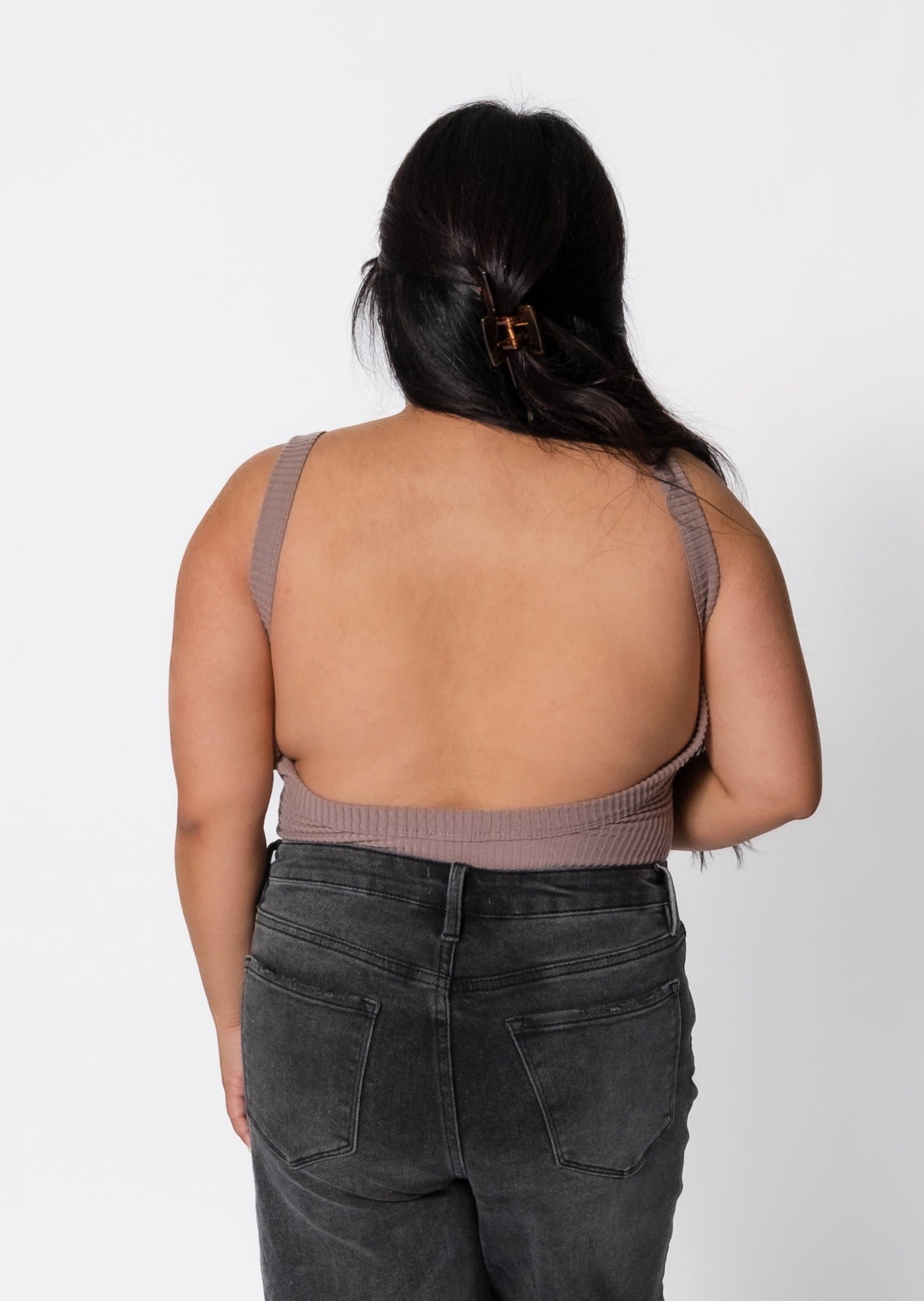 Trenton Open Back Knit Ribbed Bodysuit Mauve