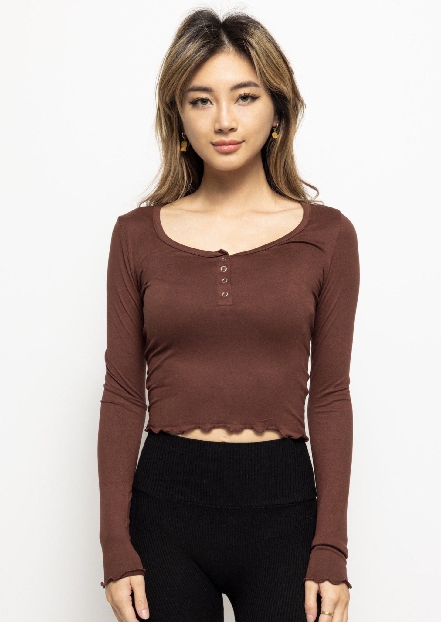 Anchorage Long Sleeve Button Top Brown